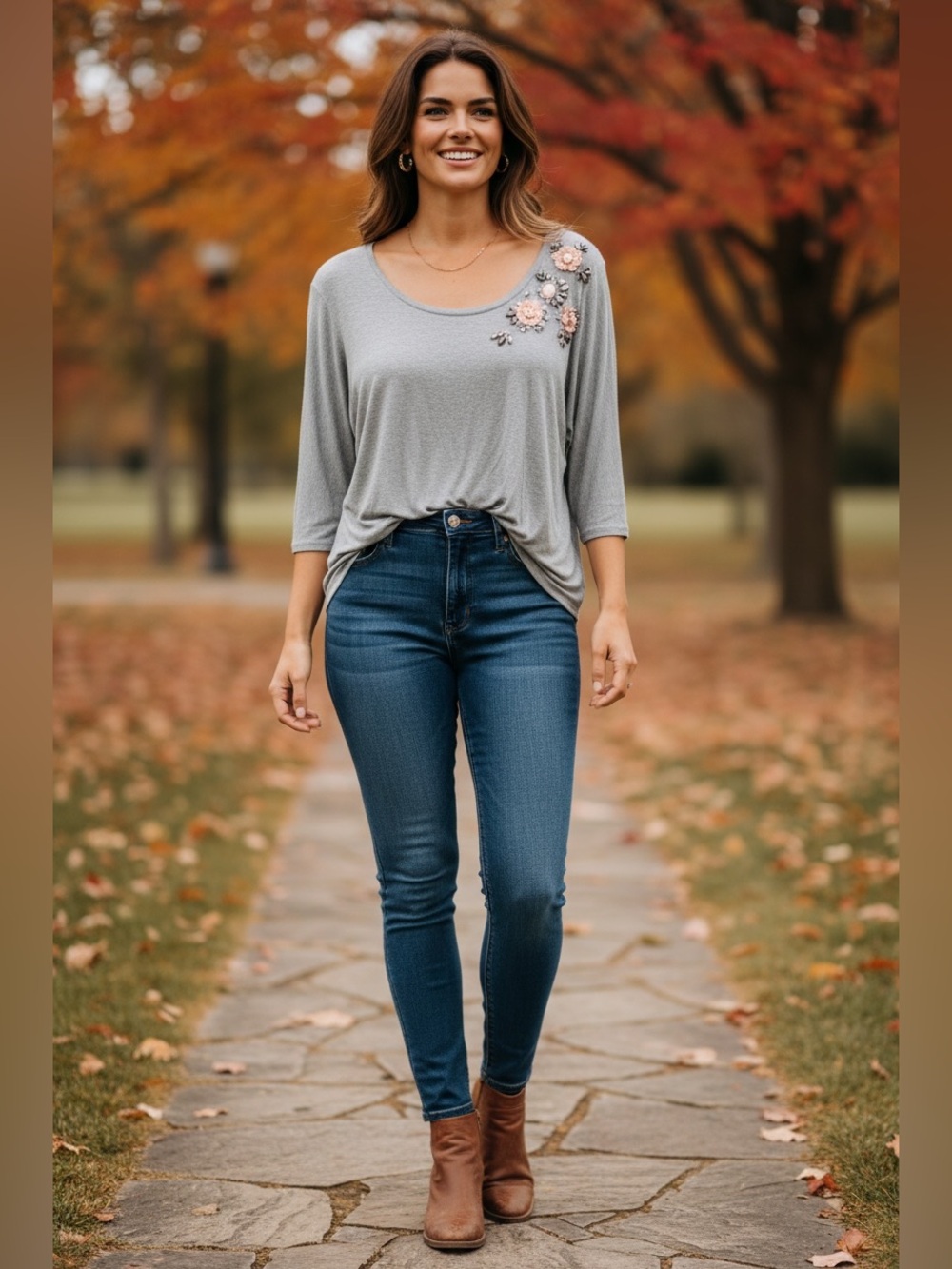 Jane and Delancey Light Gray Scoop-Neck Top with Floral Beads